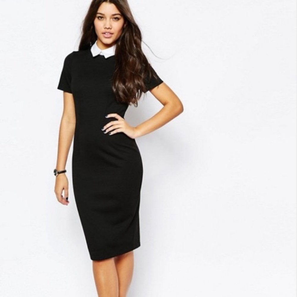 ASOS Black stretchy pencil dress with white collar, bodycon